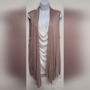 Annabelle 3X Vintage Faux Twin Set Top Draped Waterfall Khaki Sleeveless